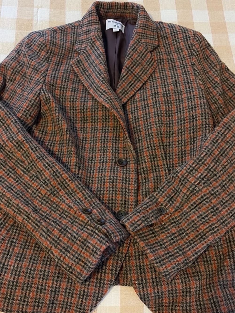 Ines de la Fressange Brown & Black Plaid Wool Blazer - Classic Tailored Jacket